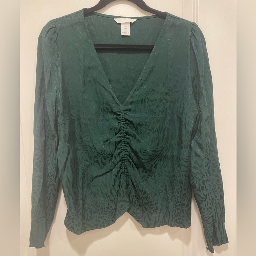 H&M green top, long sleeves and V-neck, size 10 fits like size M